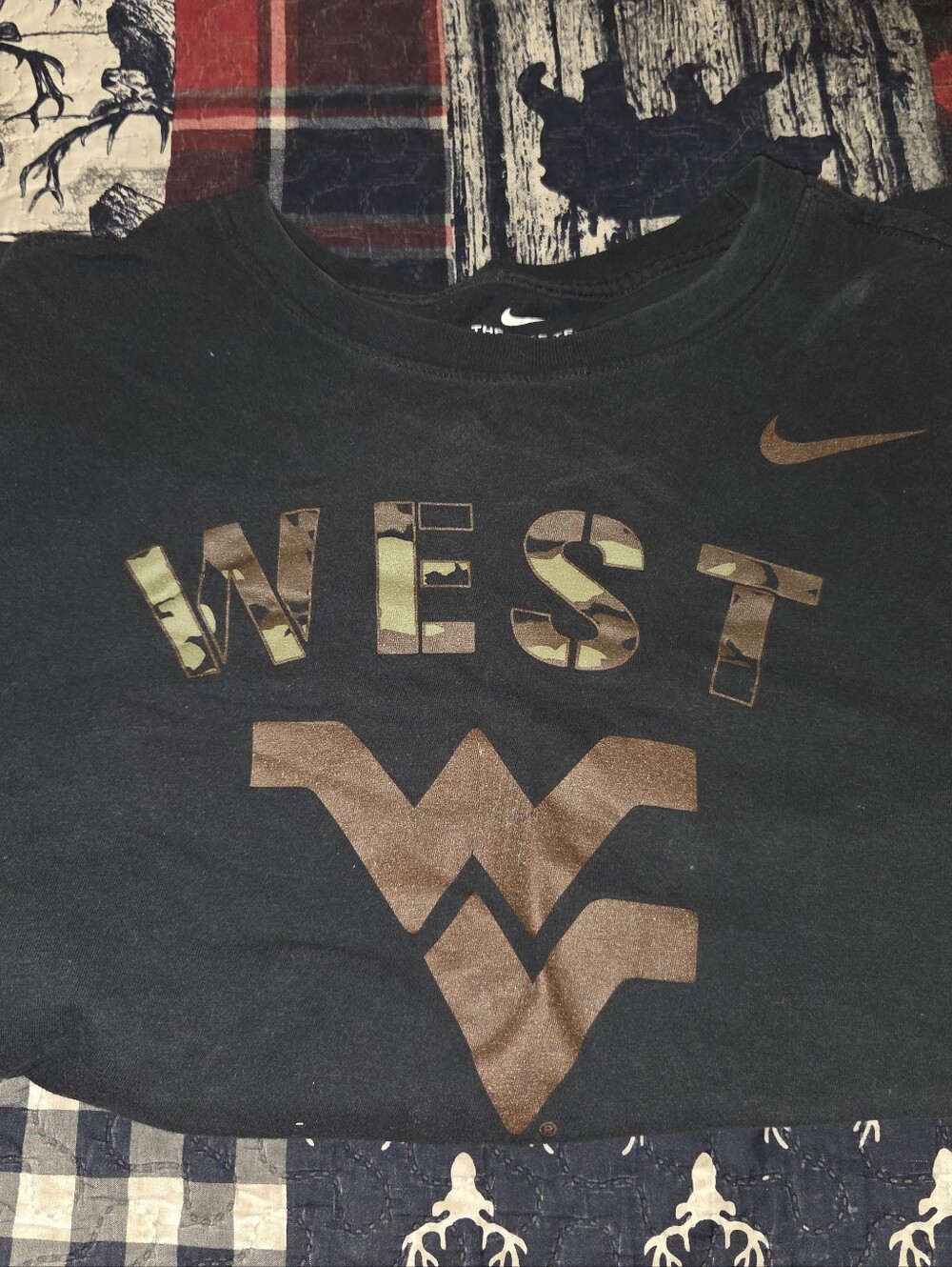 Black Graphic T-Shirt with Brown Metallic and Camo 'Wvu' Design